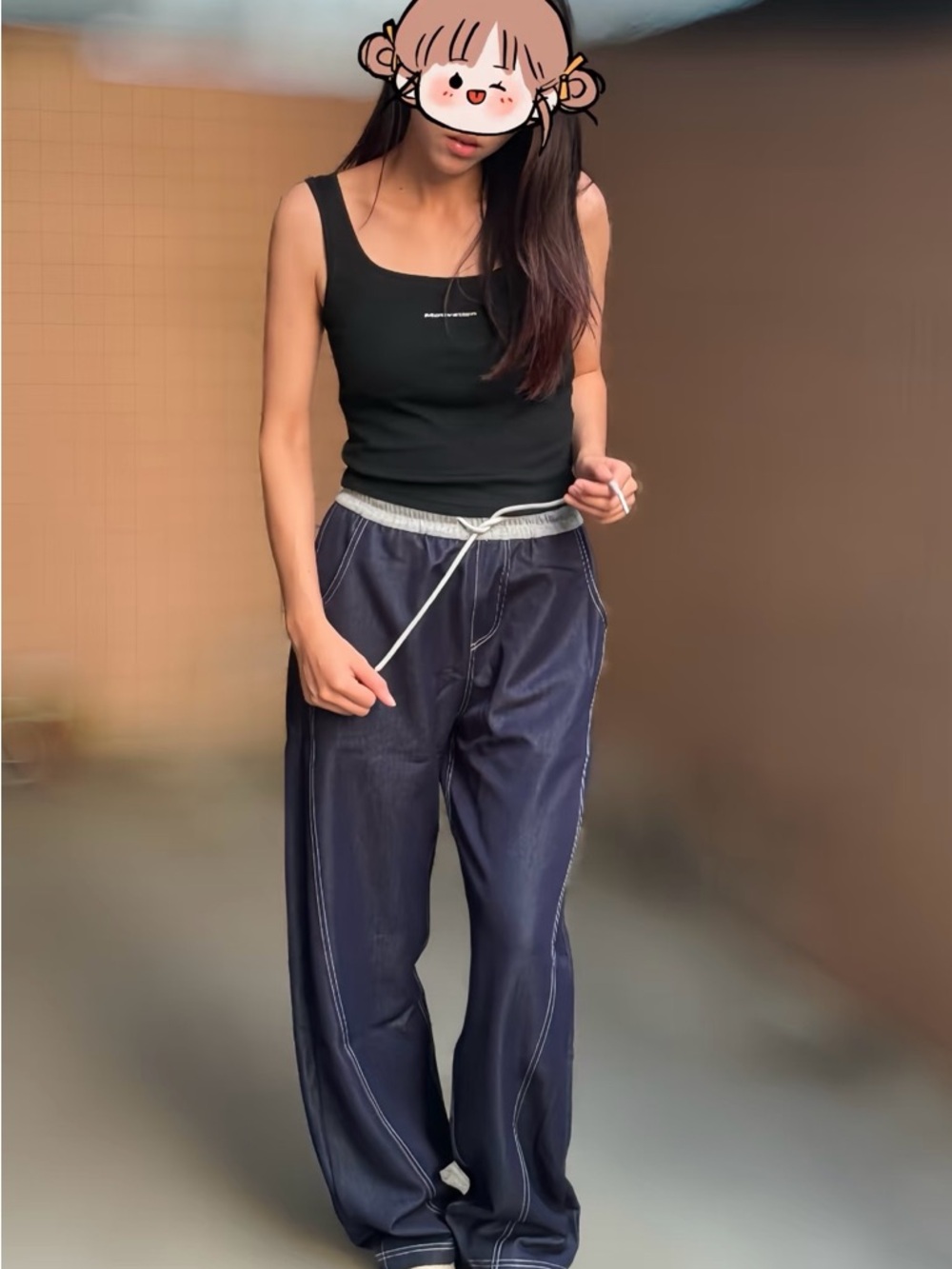 Relaxed Navy Wide-Leg Track Pants with Contrast Drawcord